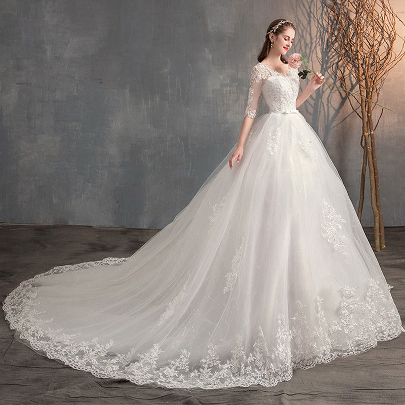 Trailing Deep V-Neck Long Sleeve Lace Wedding Dress - view 2
