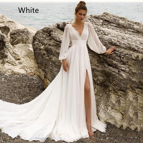 Boho V-Neck Puff Sleeve Wedding Dress - view 1