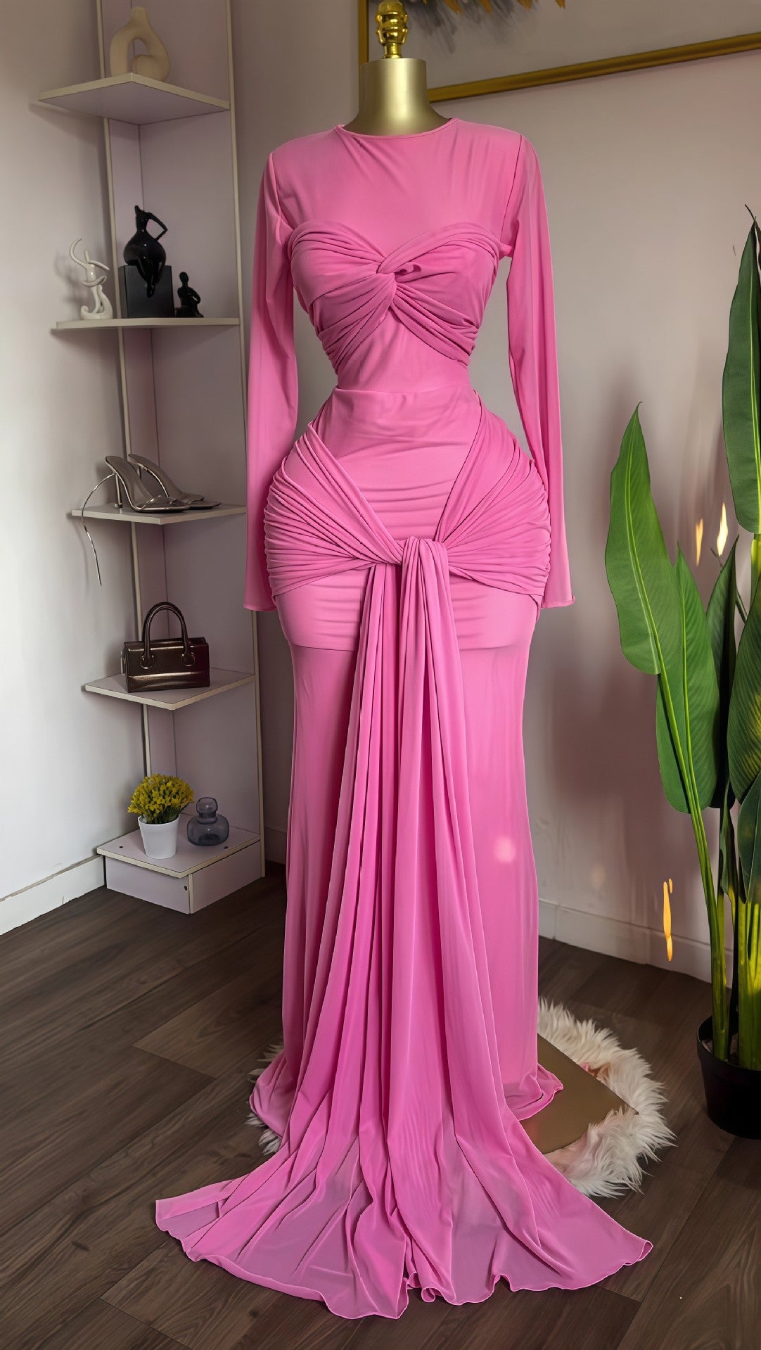 Long Sleeve Mesh Sheath Evening Dress - view 4