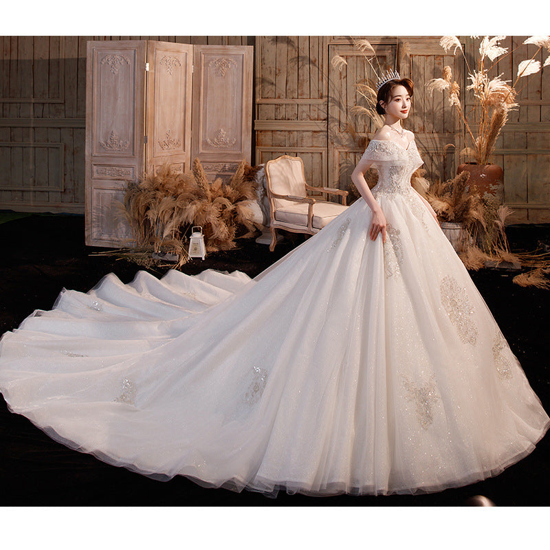 Off-Shoulder Short-Sleeve Beaded Ball-Gown Wedding Dress - view 2