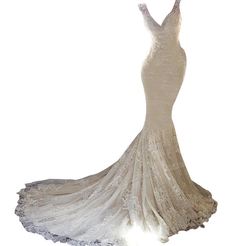 Beach Deep V-Neck Lace Mermaid Wedding Dress