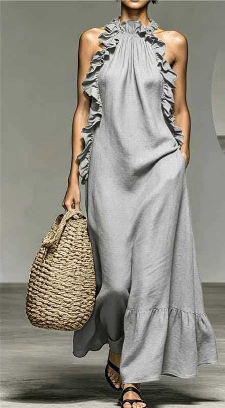 Ruffle-Trim Halter Linen Maxi Dress - view 7