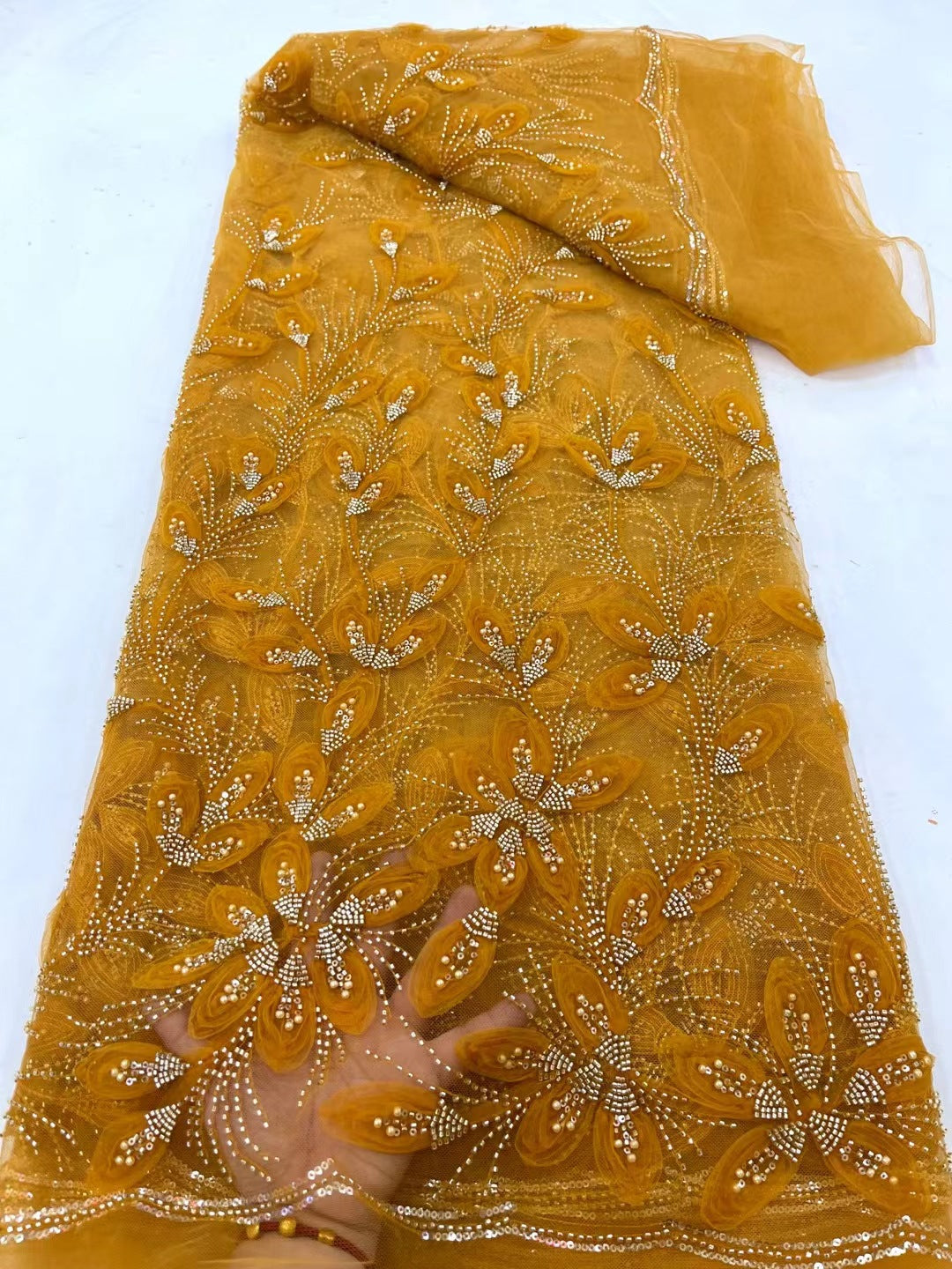 Beaded Embroidered Lace Fabric (Tulle Yardage) - view 3