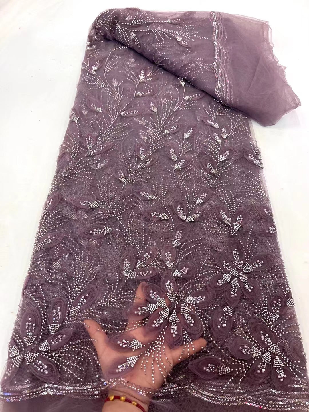 Beaded Embroidered Lace Fabric (Tulle Yardage) - view 4