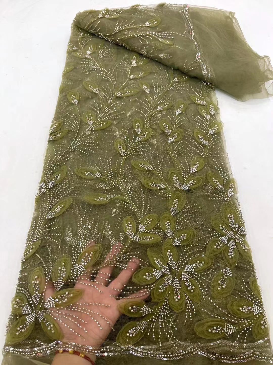 Beaded Embroidered Lace Fabric (Tulle Yardage) - view 5