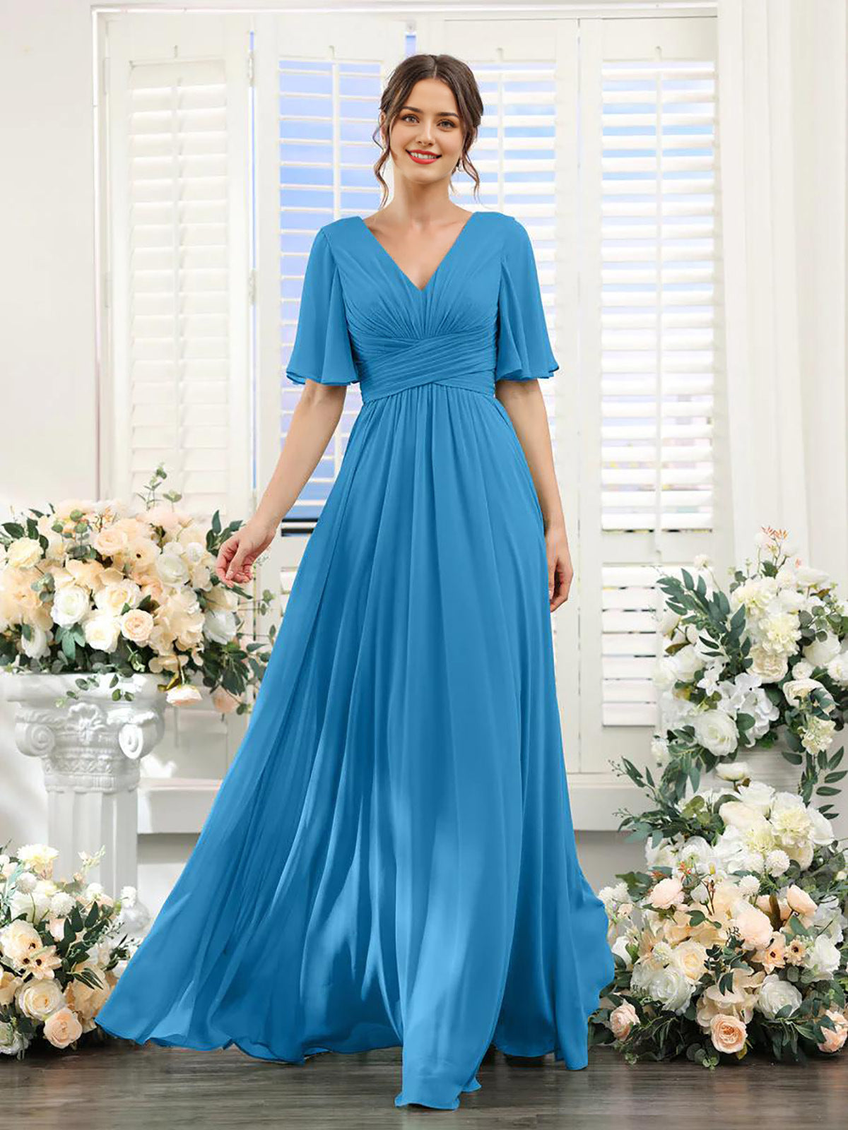 Flutter-Sleeve Chiffon A-Line Evening Dress - view 3