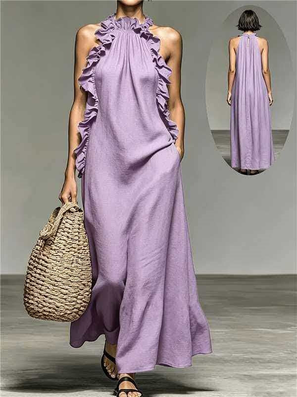 Ruffle-Trim Halter Linen Maxi Dress - view 6