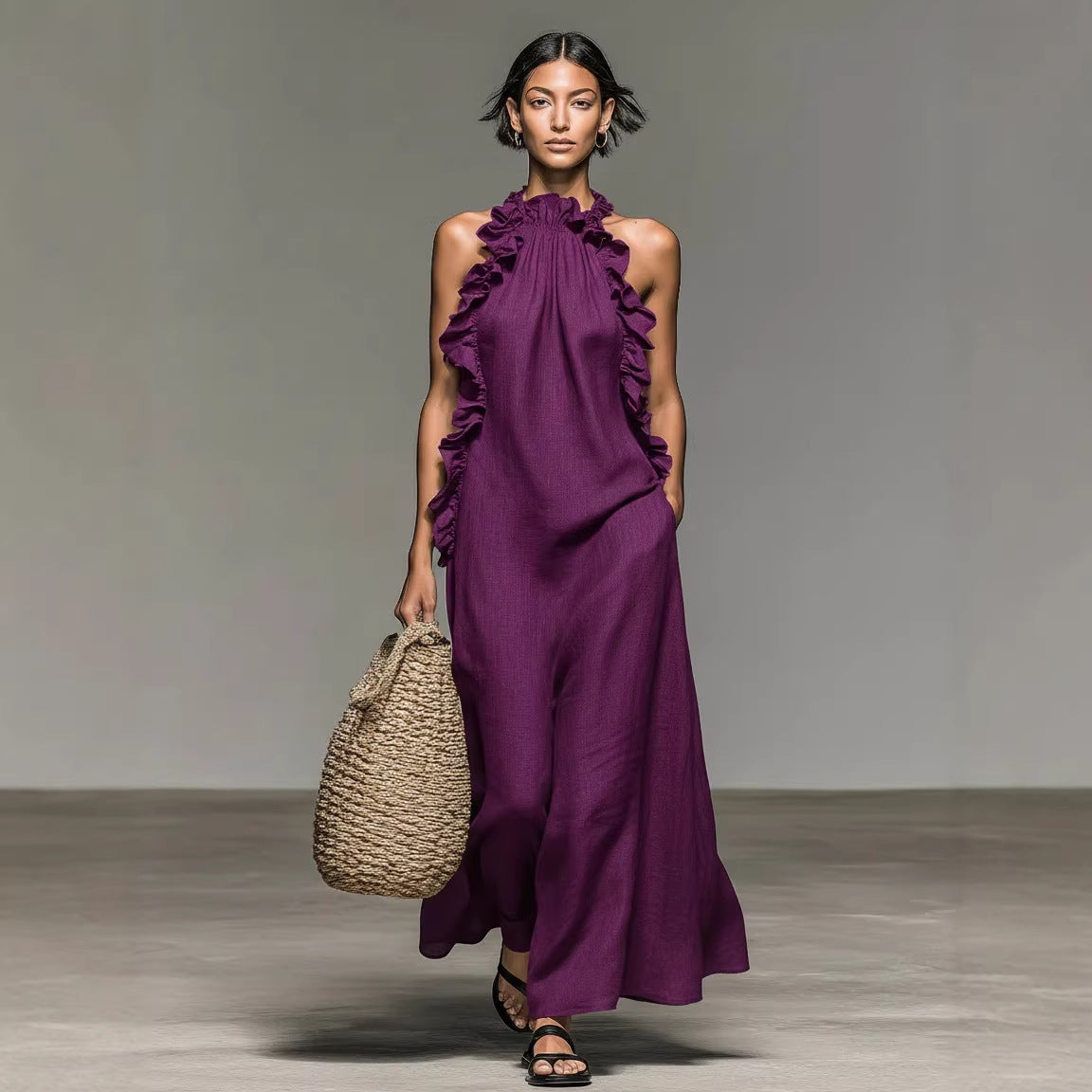 Ruffle-Trim Halter Linen Maxi Dress - view 4