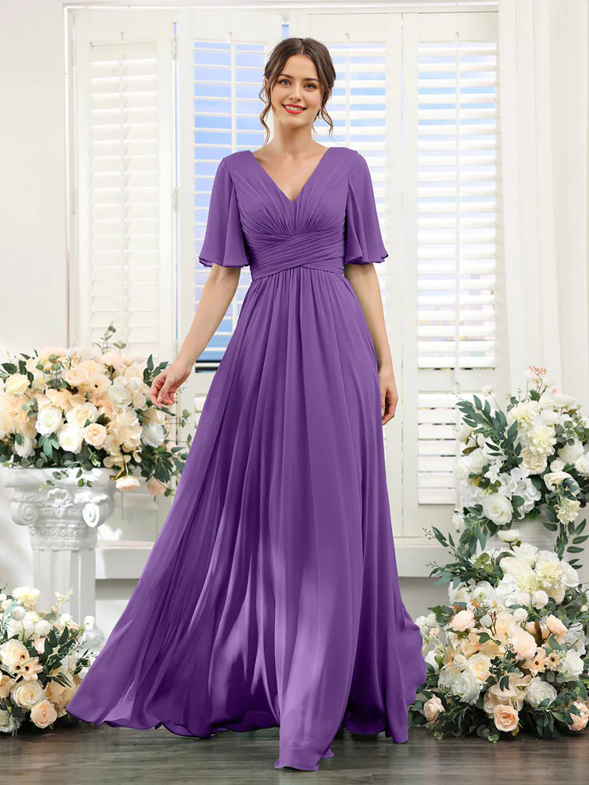 Flutter-Sleeve Chiffon A-Line Evening Dress - view 6