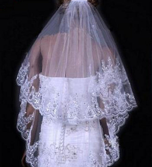 Bridal Sequined Polyester Veil Face Cover Two Layers Lace - view 2