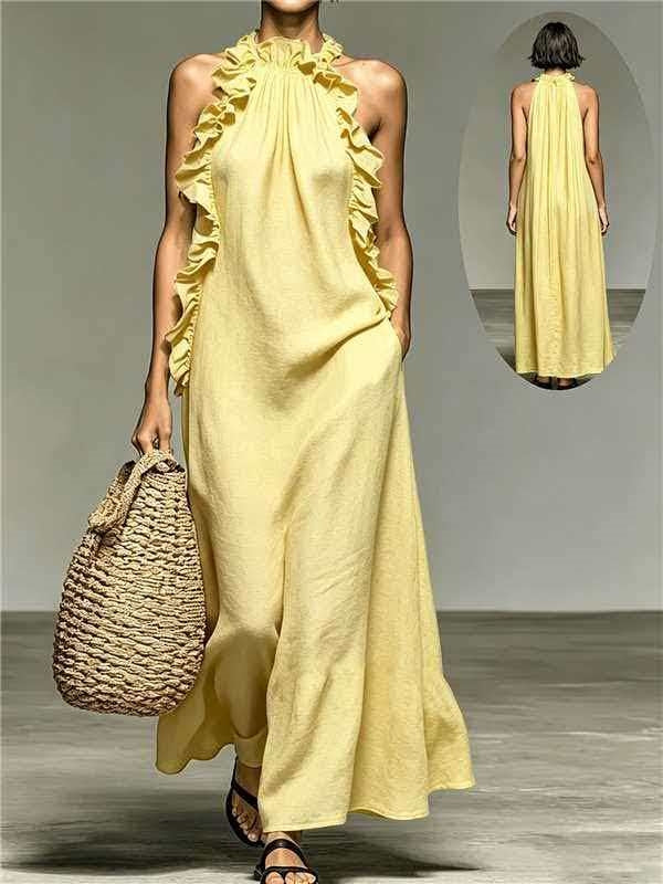 Ruffle-Trim Halter Linen Maxi Dress - view 5