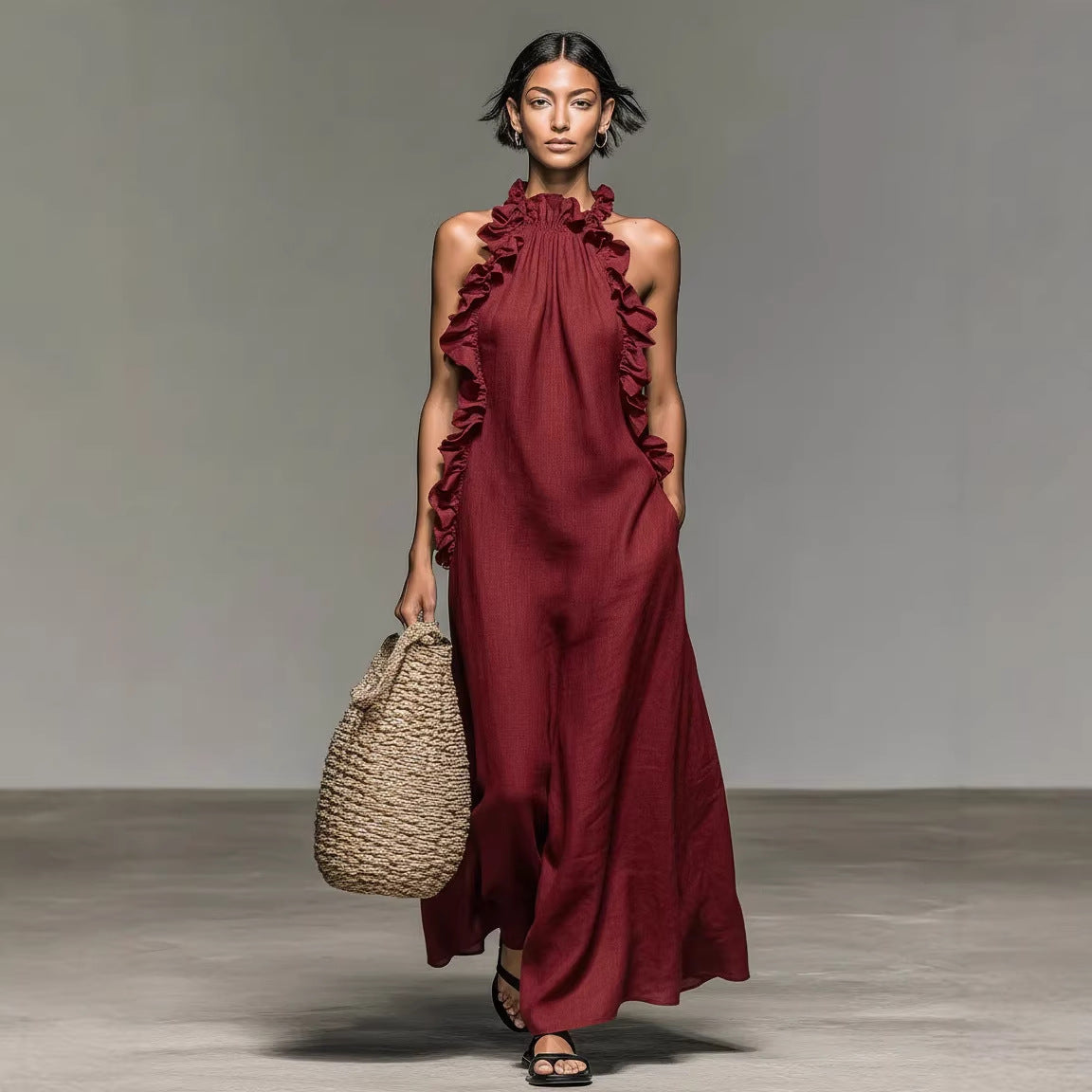 Ruffle-Trim Halter Linen Maxi Dress - view 2