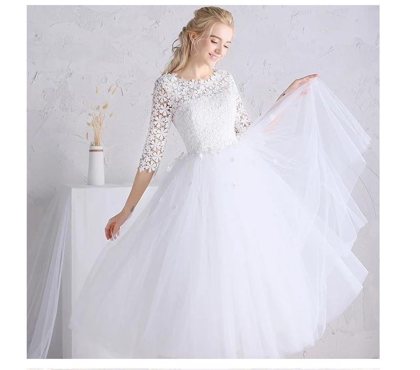 Round-Neck Elbow-Sleeve Lace Knee-Length Wedding Dress - view 2