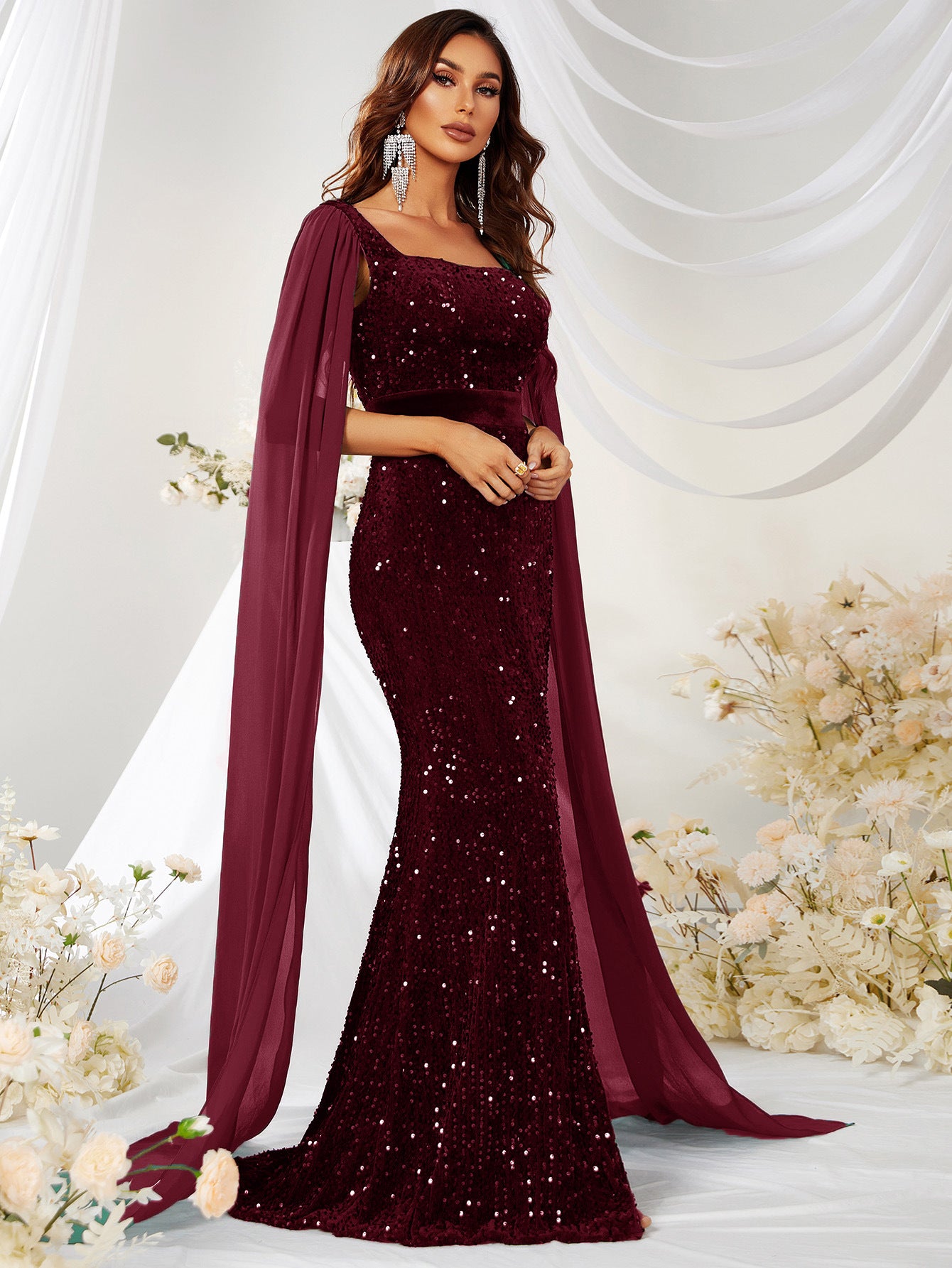 Burgundy Velvet Cape Gown - view 2