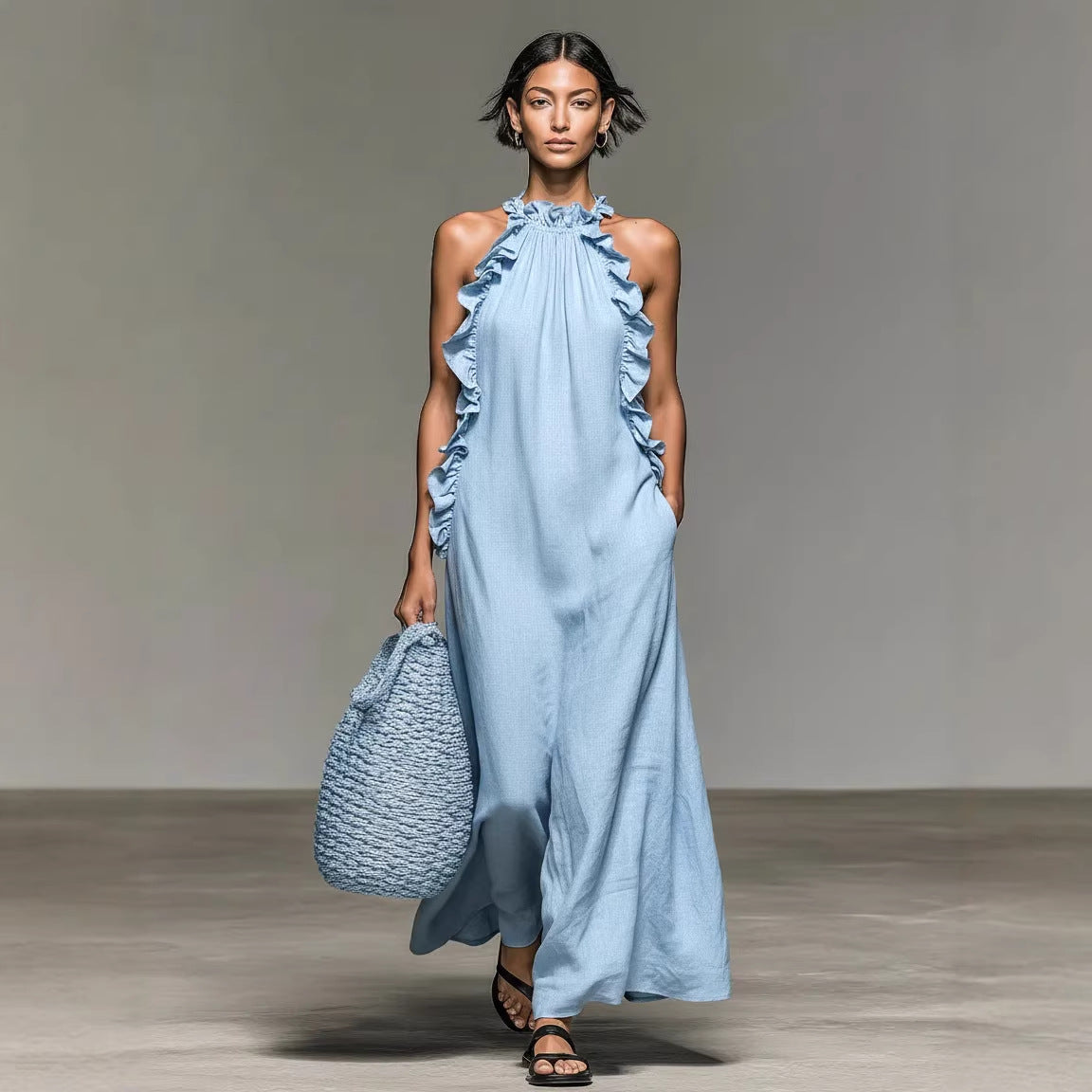 Ruffle-Trim Halter Linen Maxi Dress - view 3