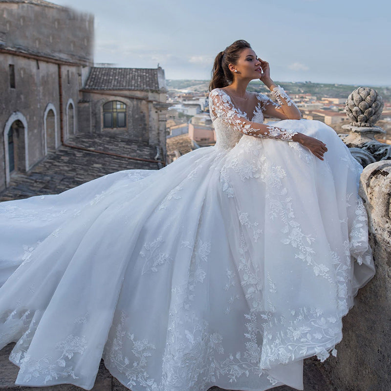 Vintage V-Neck Long Sleeve Lace Wedding Dress - view 2