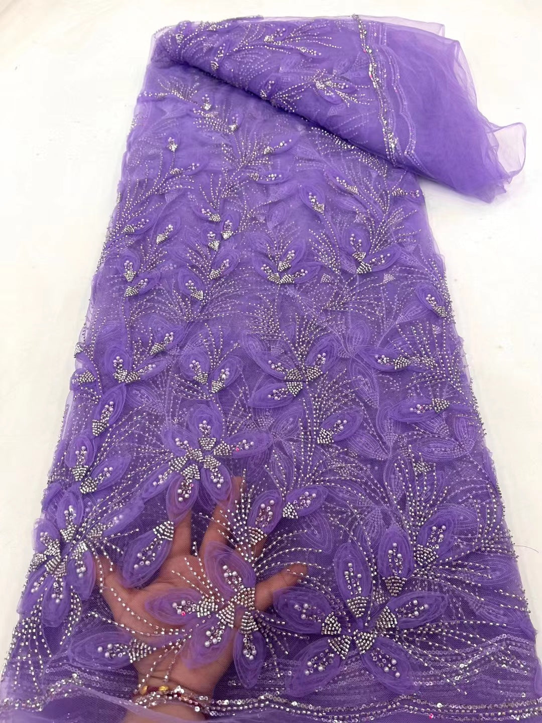 Beaded Embroidered Lace Fabric (Tulle Yardage) - view 6