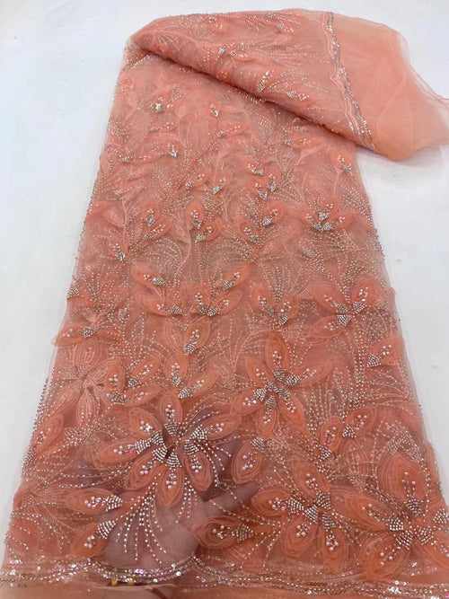 Beaded Embroidered Lace Fabric (Tulle Yardage) - view 1