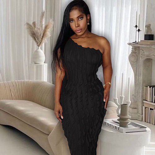 Black One-Shoulder Textured Midi Dress
