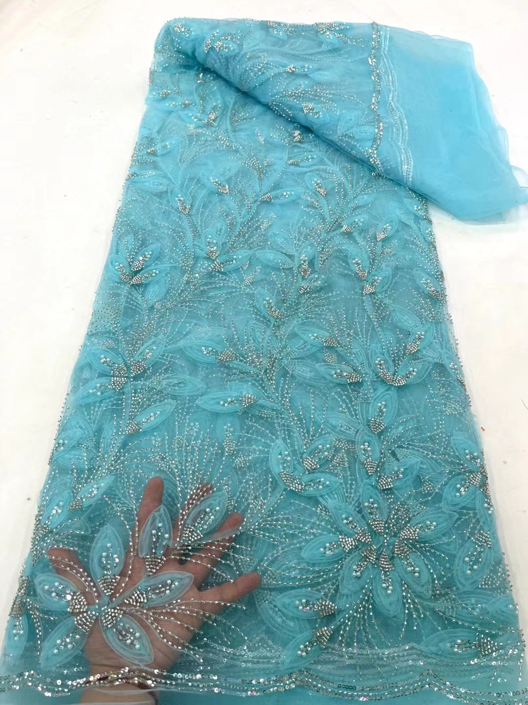 Beaded Embroidered Lace Fabric (Tulle Yardage) - view 8