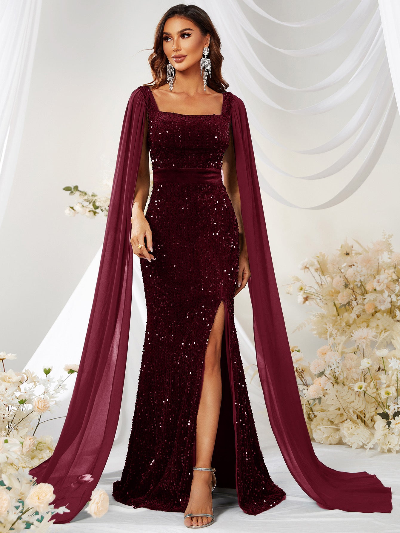 Burgundy Velvet Cape Gown - view 3