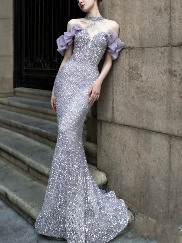 Halter Short Sleeve Sequin Mermaid Evening Dress - view 2