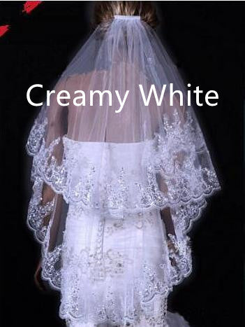 Bridal Sequined Polyester Veil Face Cover Two Layers Lace - view 1