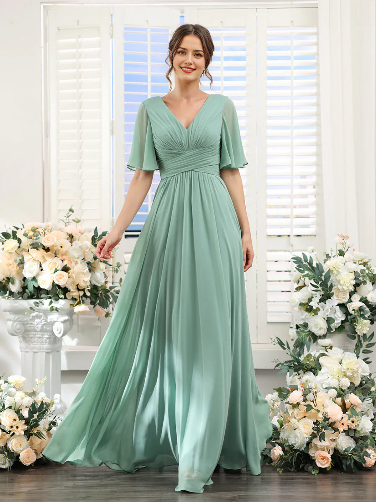 Flutter-Sleeve Chiffon A-Line Evening Dress - view 4