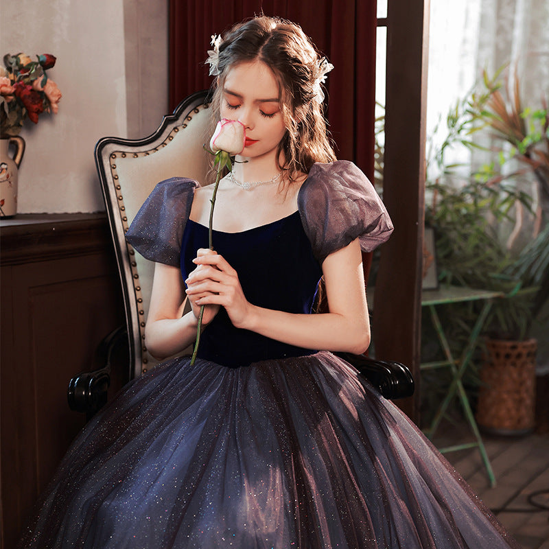 Blue Bubble Sleeve Evening Dress