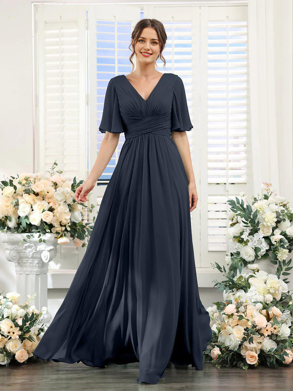 Flutter-Sleeve Chiffon A-Line Evening Dress - view 5