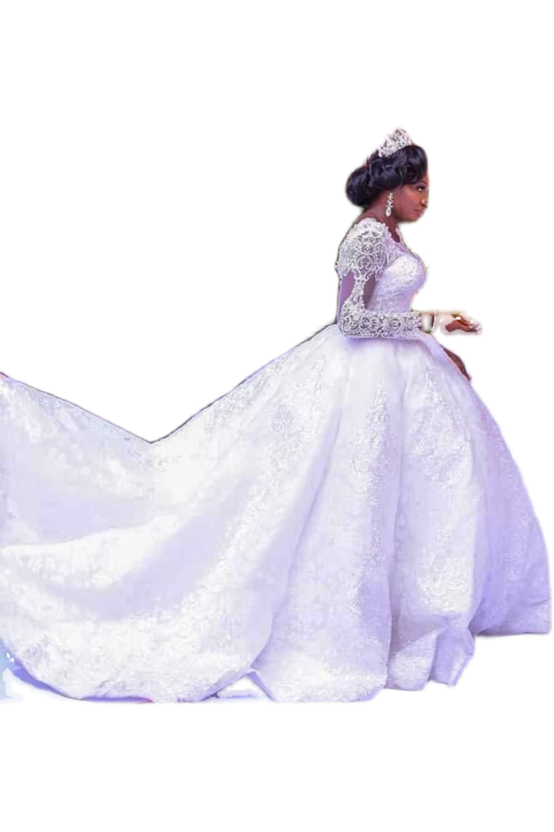 White Long-Sleeve Tulle Ball Gown
